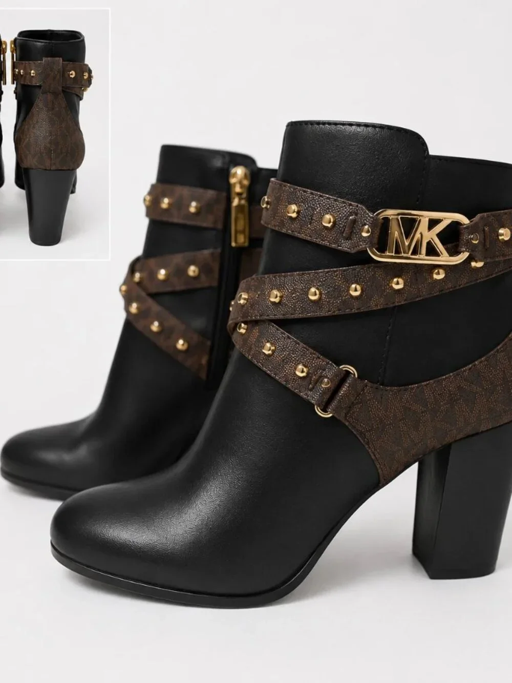 Michael Kors Kincaid Studded MK Logo Ankle Boots Black Brown Gold Size 8 NWOB